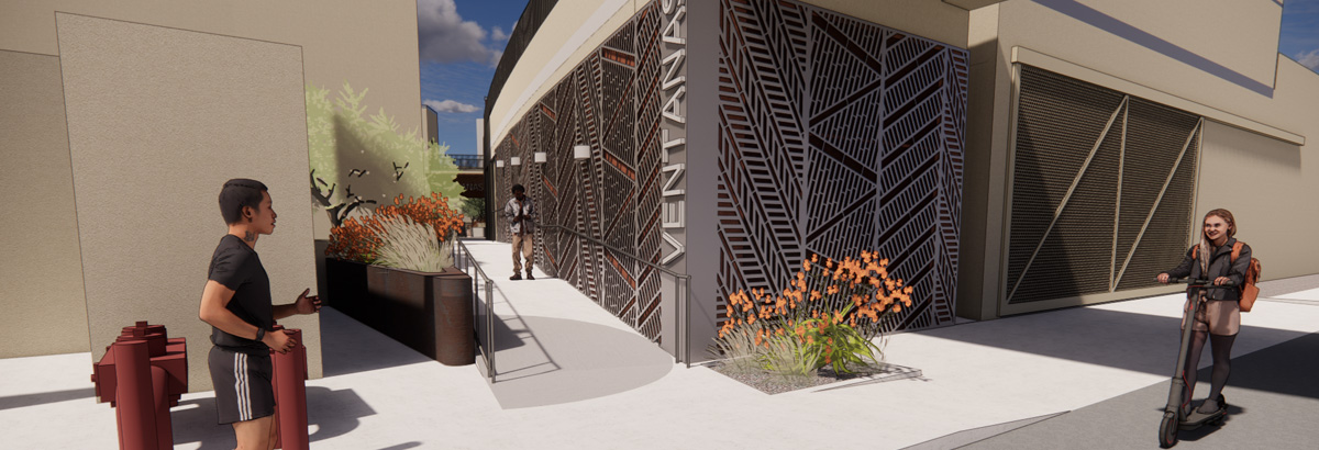 3 of 5, rendering of cafe ventanas entrance from the street